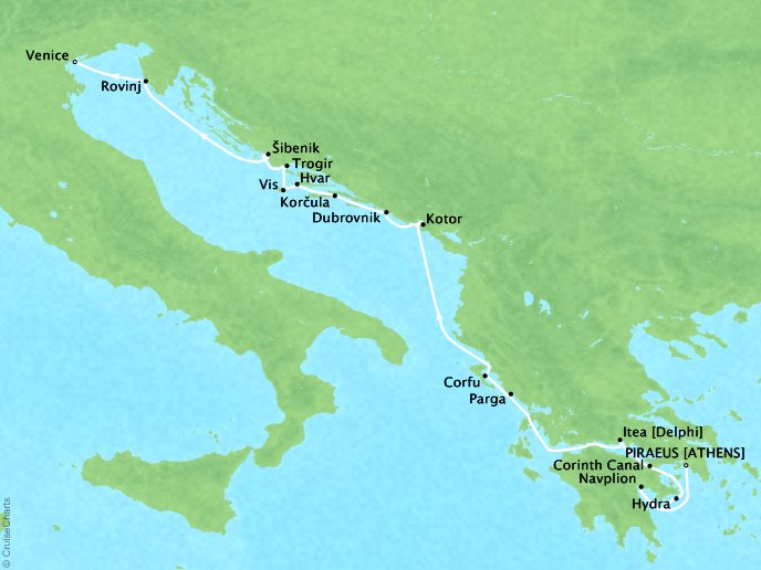 Cruises Crystal Esprit Map Detail Piraeus, Greece to Venice, Italy August 13-27 2017 - 14 Days