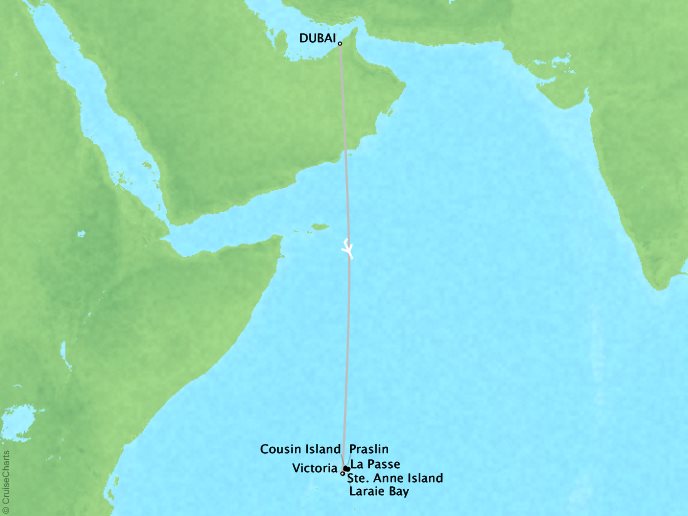 Cruises Crystal Esprit Map Detail Dubai, United Arab Emirates to Victoria, Seychelles February 10-19 2017 - 9 Days