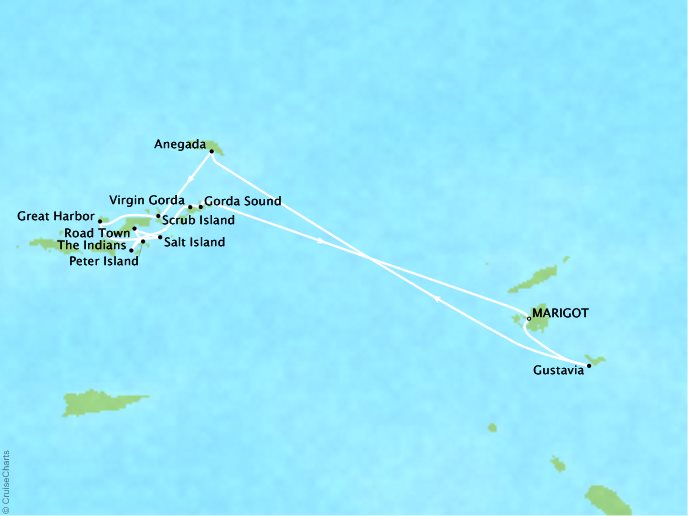 Cruises Crystal Esprit Map Detail Marigot, Saint Martin to Marigot, Saint Martin April 22-29 2018 - 7 Days