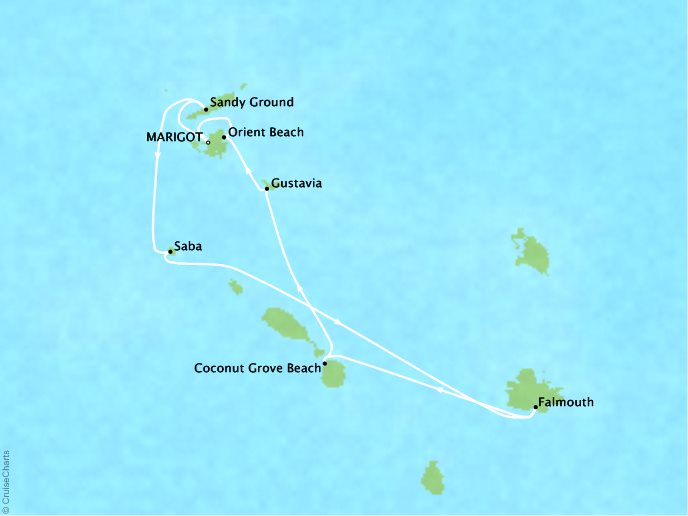 Cruises Crystal Esprit Map Detail Marigot, Saint Martin to Marigot, Saint Martin August 19-26 2018 - 7 Days