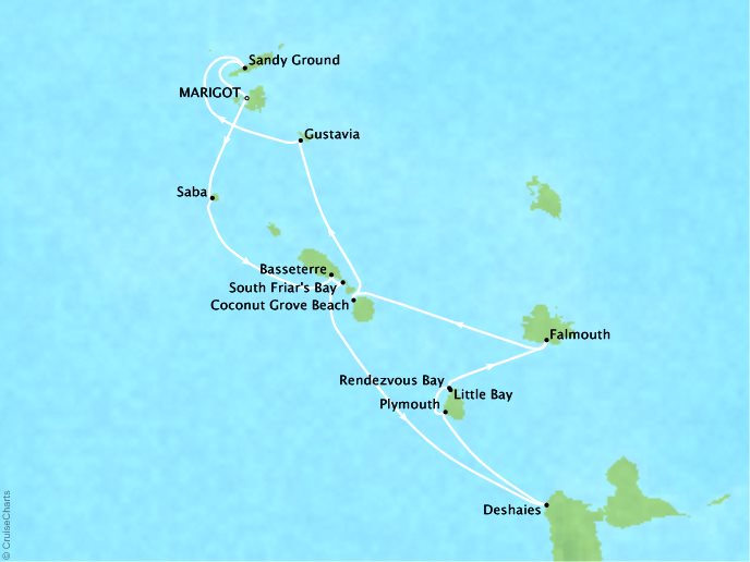 Cruises Crystal Esprit Map Detail Marigot, Saint Martin to Marigot, Saint Martin January 3-14 2018 - 11 Days