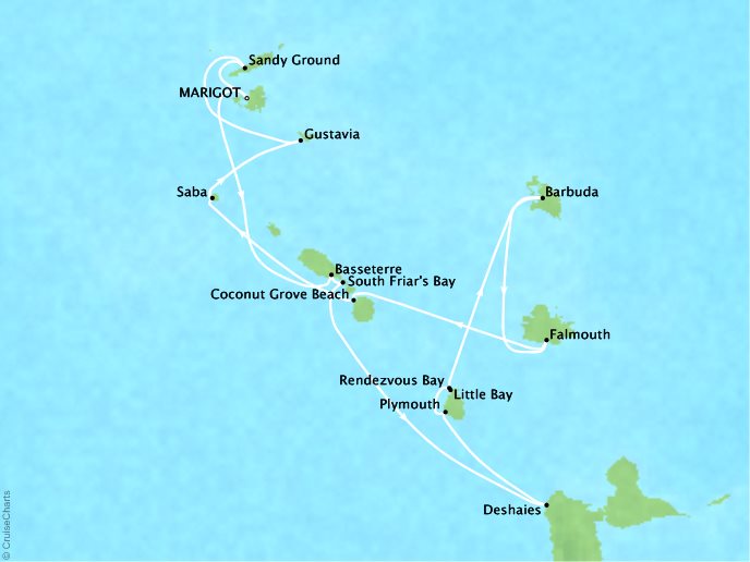 Cruises Crystal Esprit Map Detail Marigot, Saint Martin to Marigot, Saint Martin December 22 2019 January 3 2020 - 14 Days