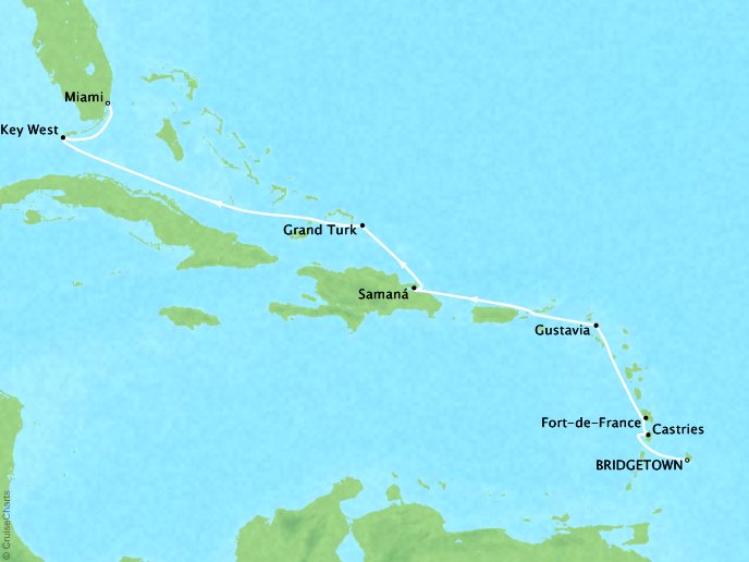 Cruises Crystal Serenity Map Detail Barbados to Miami, FL April 5-15 2017 - 10 Days