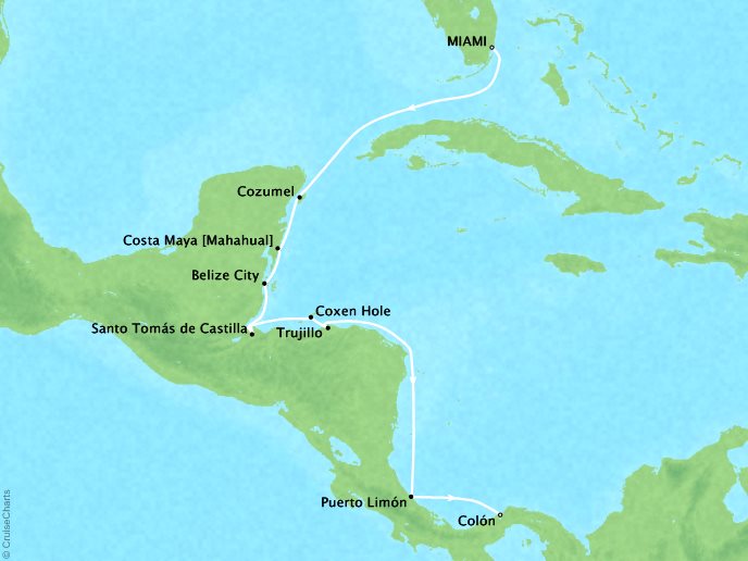 Cruises Crystal Serenity Map Detail Miami, FL to Colon, Panama January 11-22 2017 - 11 Days