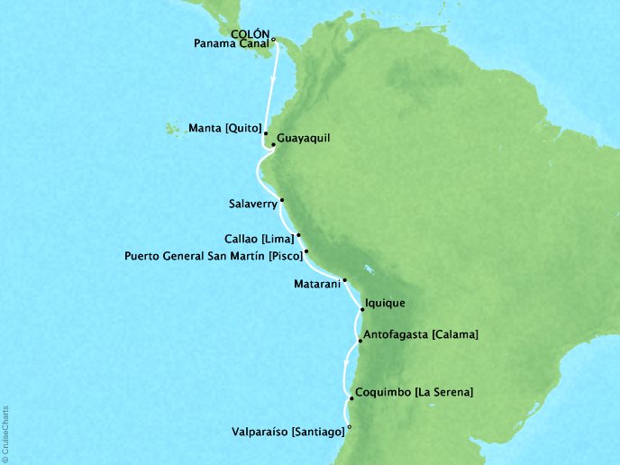 Cruises Crystal Serenity Map Detail Colon, Panama to Santiago (Valparaiso), Chile January 22 February 8 2017 - 17 Days