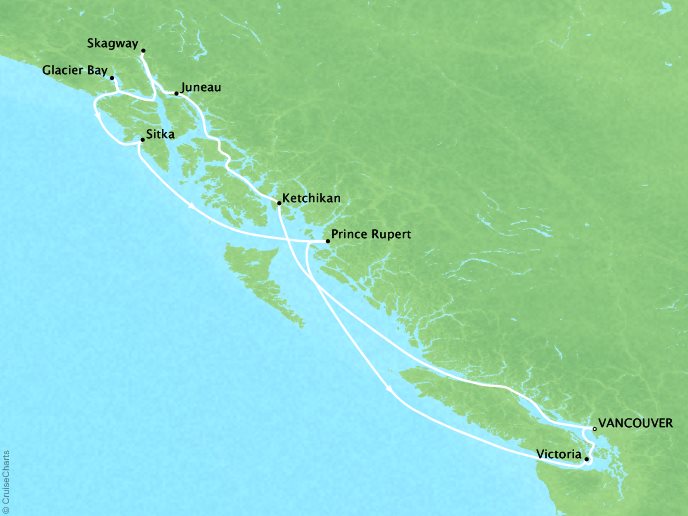 Cruises Crystal Serenity Map Detail Vancouver, Canada to Vancouver, Canada July 10-20 2017 - 10 Days
