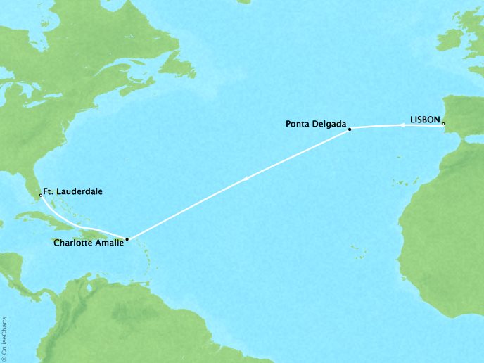 Cruises Crystal Serenity Map Detail Lisbon, Portugal to Fort Lauderdale, FL, United States April 17-29 2019 - 12 Days