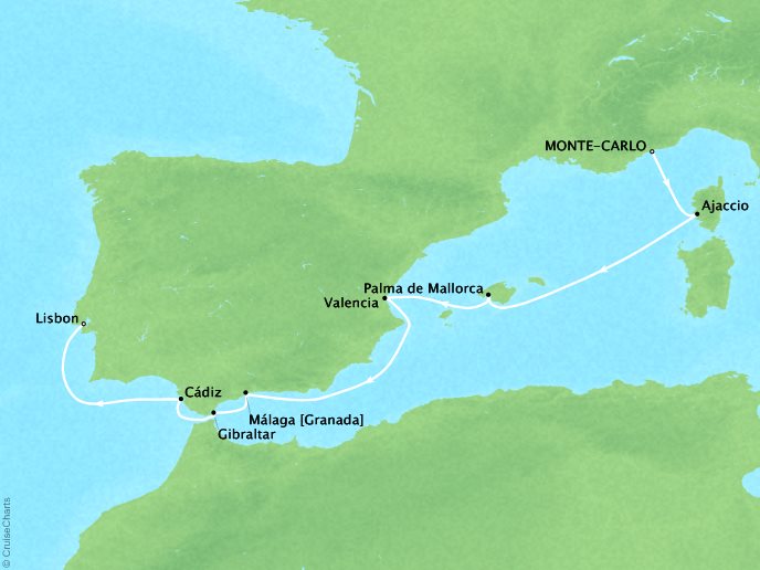 Cruises Crystal Serenity Map Detail Monte Carlo, Monaco to Lisbon, Portugal April 8-17 2019 - 9 Days