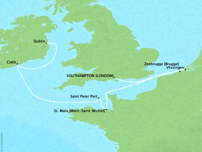 Cruises Crystal Serenity Map Detail Southampton, United Kingdom to Dublin, Ireland June 2-10 2019 - 8 Days