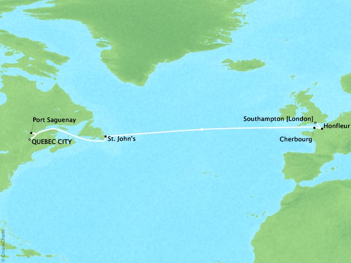 Cruises Crystal Serenity Map Detail Qubec City, Canada to Southampton, United Kingdom May 20 June 2 2019 - 13 Days