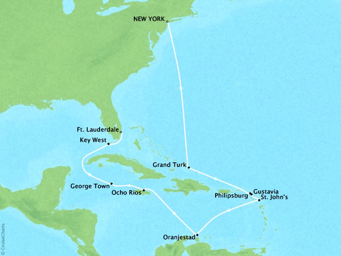 Cruises Crystal Serenity Map Detail New York, NY, United States to Fort Lauderdale, FL, United States November 21 December 6 2019 - 15 Days