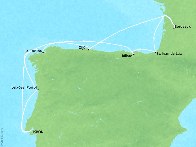 Cruises Crystal Symphony Map Detail Lisbon, Portugal to Lisbon, Portugal October 10-21 2017 - 11 Days