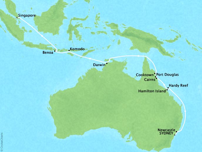 Cruises Crystal Symphony Map Detail Sydney, Australia to Singapore, Singapore April 8-26 2019 - 18 Days