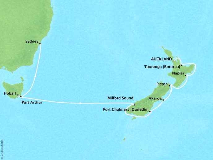 Cruises Crystal Symphony Map Detail Auckland, New Zealand to Sydney, Australia March 23 April 8 2019 - 16 Days