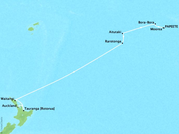 Cruises Crystal Symphony Map Detail Papeete, ENench Polynesia to Auckland, New Zealand March 7-23 2019 - 16 Days