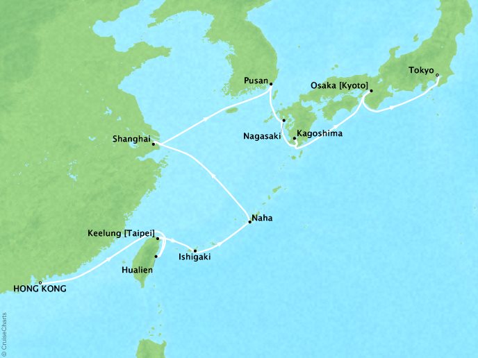 Cruises Crystal Symphony Map Detail Hong Kong, China to Tokyo, Japan May 9-26 2019 - 16 Days