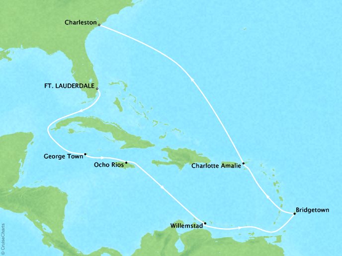 Cruises Crystal Symphony Map Detail Fort Lauderdale, FL, United States to Charleston, SC, United States November 17 December 1 2019 - 14 Days