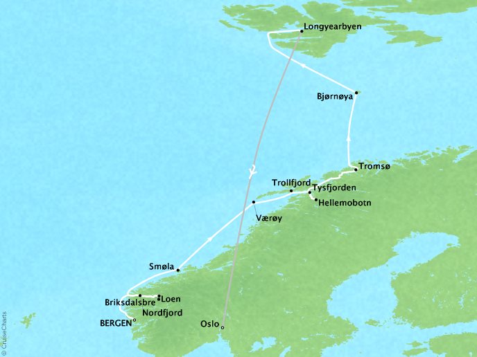 Around the World Private Jet Cruises Lindblad NG NG Explorer Map Detail Bergen, Norway to Oslo, Norway May 15-30 2023 - 15 Days