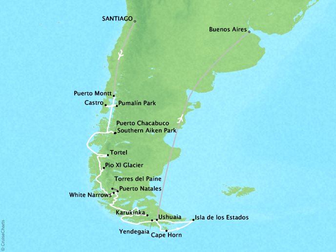 Around the World Private Jet Cruises Lindblad NG NG Explorer Map Detail Santiago, Chile to Buenos Aires, Argentina October 7-24 2018 - 17 Days