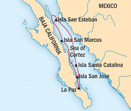 Around the World Private Jet Cruises Lindblad NG Cruises NG Sea Bird Map Detail San Jose Del Cabo, Mexico to San Jose Del Cabo, Mexico April 15-22 2023 - 7 Days