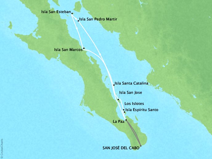 Around the World Private Jet Cruises Lindblad NG NG Sea Bird Map Detail San Jose Del Cabo, Mexico to San Jose Del Cabo, Mexico April 8-15 2023 - 7 Days