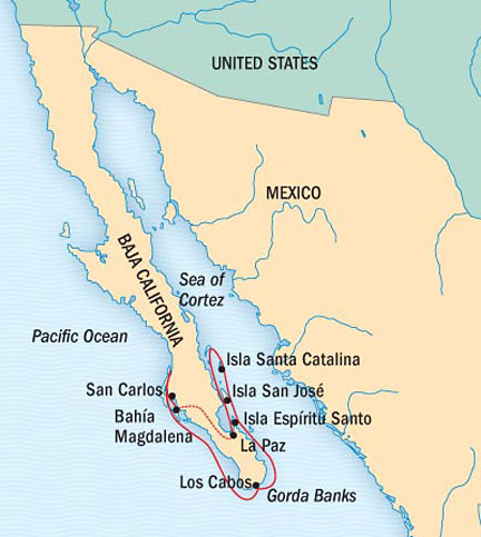 Around the World Private Jet Cruises Lindblad NG Cruises NG Sea Bird Map Detail La Paz, Mexico to San Carlos, Mexico February 25 March 4 2017 - 7 Days
