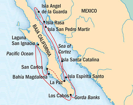 Around the World Private Jet Cruises Lindblad NG Cruises NG Sea Bird Map Detail San Carlos, Mexico to La Paz, Mexico March 18 April 1 2023 - 14 Days
