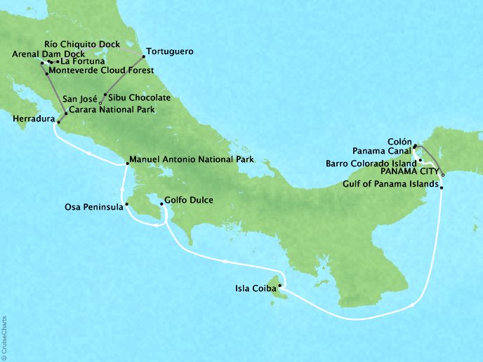 Around the World Private Jet Cruises Lindblad NG NG Sea Lion Map Detail Panama City, Panama to San Jose, Costa Rica February 11-25 2023 - 14 Days