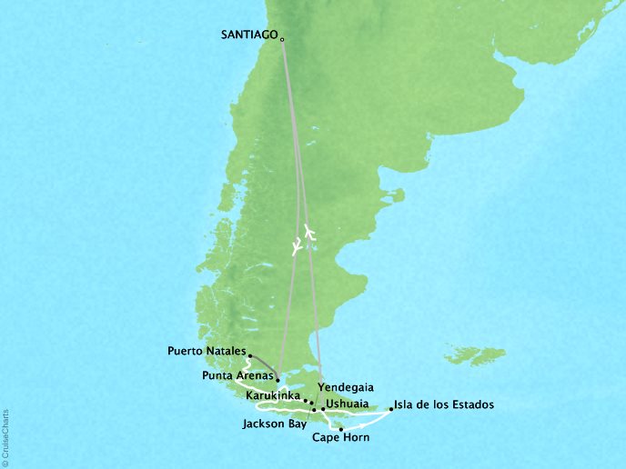 Around the World Private Jet Cruises Lindblad NG Orion Map Detail Santiago, Chile to Santiago, Chile November 1-9 2023 - 9 Days