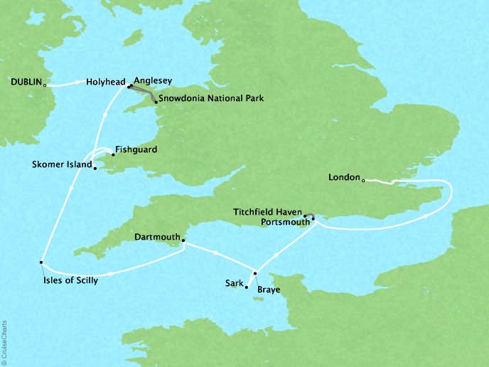 Around the World Private Jet Cruises Lindblad NG Orion Map Detail Dublin, Ireland to London, United Kingdom September 2-9 2017 - 7 Days