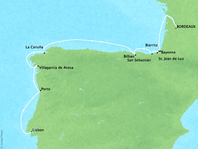 Around the World Private Jet Cruises Lindblad NG Orion Map Detail Bordeaux, France to Lisbon, Portugal September 30 October 7 2017 - 7 Days