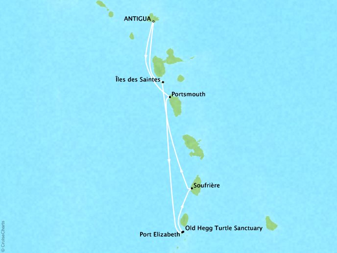 Around the World Private Jet Cruises Lindblad Expeditions Sea Cloud Map Detail Antigua, Antigua And Barbuda to Antigua, Antigua And Barbuda February 27 March 6 2017 - 7 Days