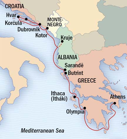 Around the World Private Jet Cruises Lindblad Expeditions Sea Cloud Map Detail Dubrovnik, Croatia to Athens, Greece September 10-20 2017 - 10 Days