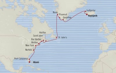 Cruises Oceania Insignia Map Detail Miami, FL, United States to Reykjavk, Iceland July 6-26 2017 - 20 Days