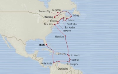 Cruises Oceania Insignia Map Detail Montreal, Canada to Miami, FL, United States October 20 November 14 2017 - 25 Days