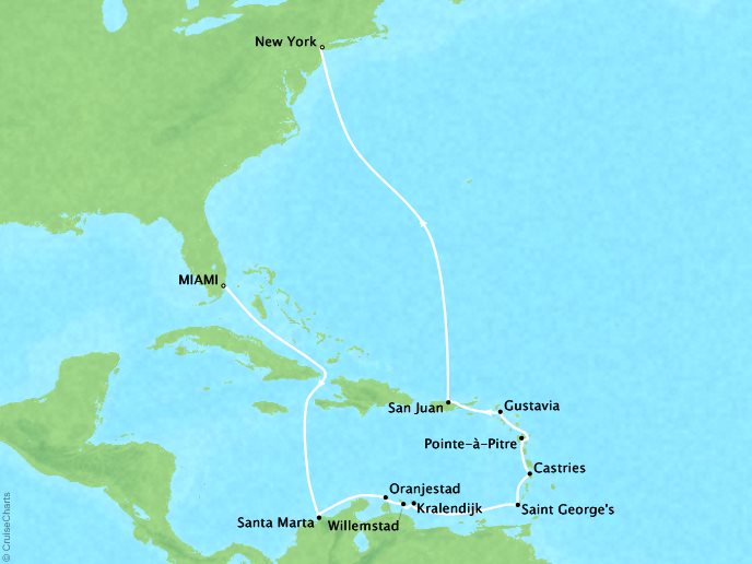 Cruises Oceania Insignia Map Detail Miami, FL, United States to New York, NY, United States December 27 2018 January 11 2019 - 15 Days