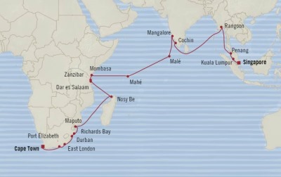 Cruises Oceania Insignia Map Detail Cape Town, South Africa to Singapore, Singapore February 8 March 15 2018 - 36 Days