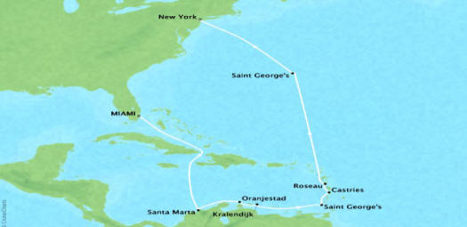 Cruises Oceania Insignia Map Detail Miami, FL, United States to New York, NY, United States July 1-15 2018 - 14 Days