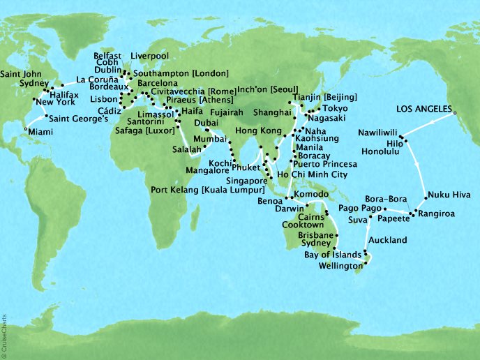 Cruises Oceania Insignia Map Detail Los Angeles, CA, United States to Miami, FL, United States January 30 July 11 2019 - 161 Days