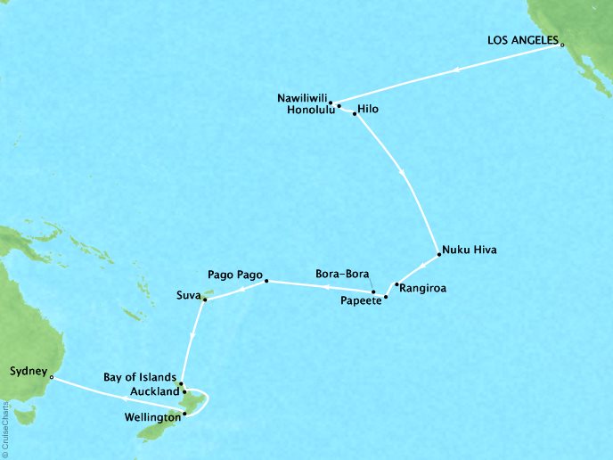 Cruises Oceania Insignia Map Detail Los Angeles, CA, United States to Sydney, Australia January 30 March 4 2019 - 34 Days