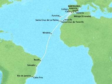 Cruises Oceania Marina Map Detail Barcelona, Spain to Rio De Janeiro, Brazil November 16 December 14 2018 - 28 Days
