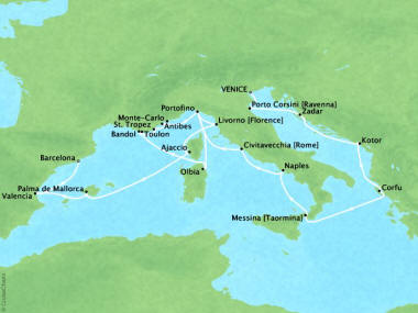 Cruises Oceania Marina Map Detail Venice, Italy to Barcelona, Spain October 26 November 16 2018 - 21 Days