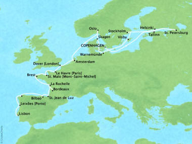 Cruises Oceania Marina Map Detail Copenhagen, Denmark to Lisbon, Portugal September 15 October 9 2018 - 24 Days