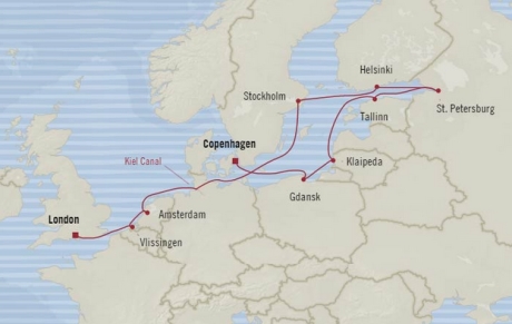 Cruises Oceania Nautica Map Detail Southampton, United Kingdom to Copenhagen, Denmark June 13-25 2017 - 12 Days