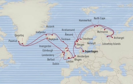 Cruises Oceania Nautica Map Detail Copenhagen, Denmark to Southampton, United Kingdom June 25 August 4 2017 - 40 Days