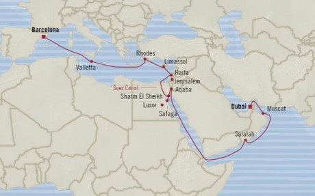 Cruises Oceania Nautica Map Detail Barcelona, Spain to Dubai, United Arab Emirates October 16 November 6 2017 - 21 Days