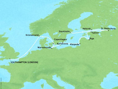Cruises Oceania Nautica Map Detail Southampton, United Kingdom to Stockholm, Sweden August 19 September 2 2018 - 14 Days