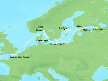 Cruises Oceania Nautica Map Detail Oslo, Norway to Southampton, United Kingdom July 18-30 2018 - 12 Days