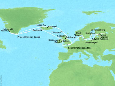 Cruises Oceania Nautica Map Detail Oslo, Norway to Southampton, United Kingdom July 18 August 19 2018 - 32 Days