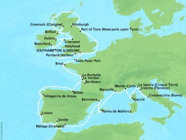 Cruises Oceania Nautica Map Detail Southampton, United Kingdom to Civitavecchia, Italy September 14 October 17 2018 - 33 Days